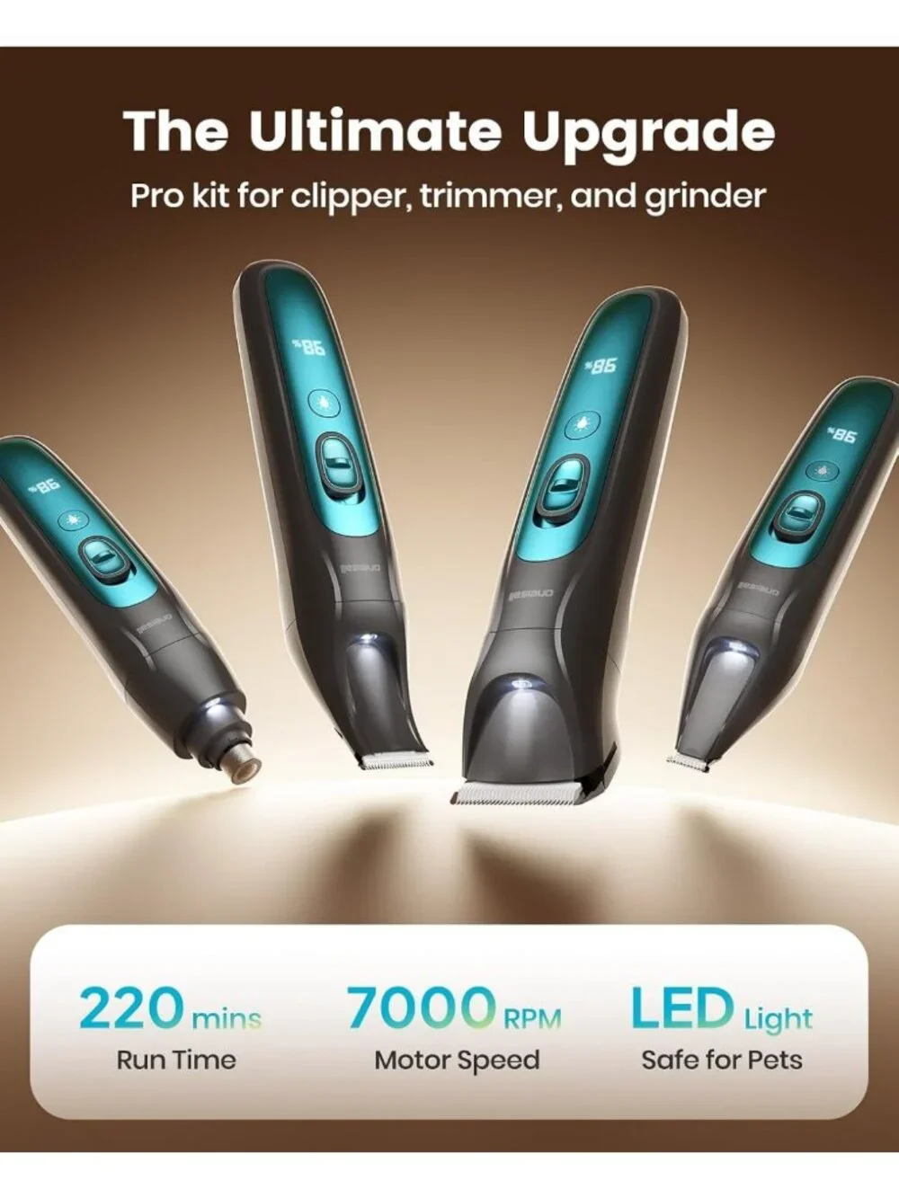 4-in-1 Dog Grooming Kit | Quiet Clippers, Nail Grinder, LED Light, Cordless